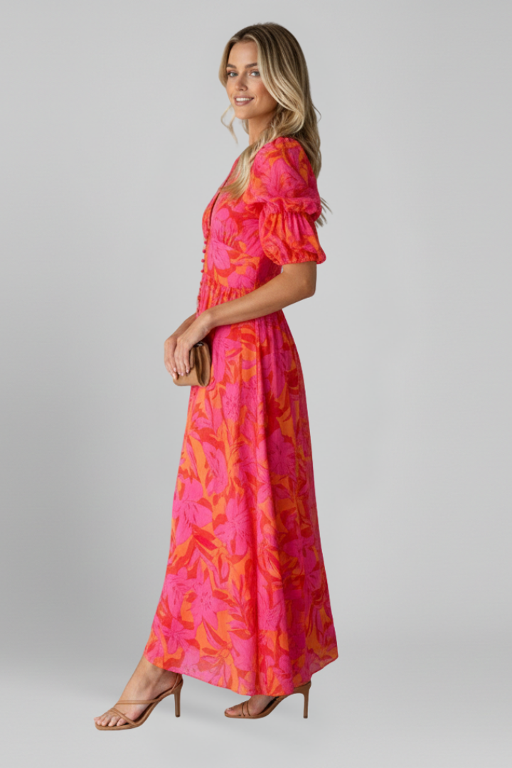 Women’s Maxi Dress with V-Neck and Puff Sleeves