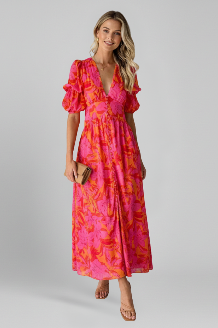 Women’s Maxi Dress with V-Neck and Puff Sleeves