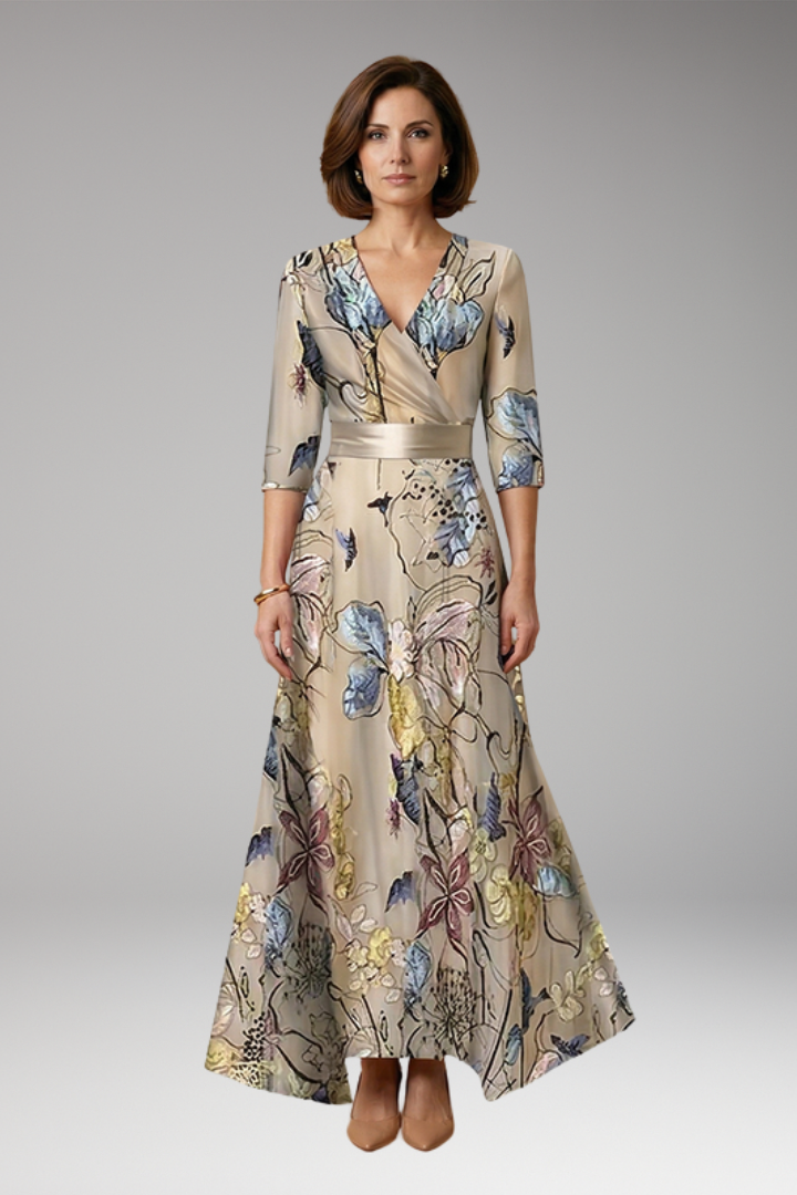 Women's Maxi Dress with V-Neckline and Floral Pattern