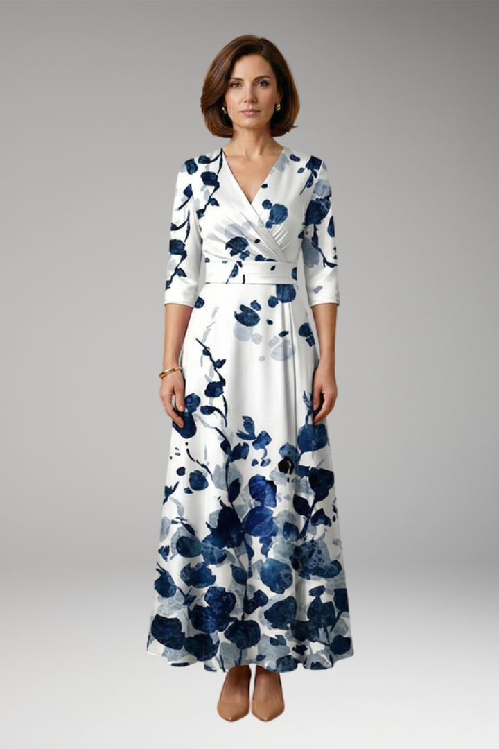 Women's Maxi Dress with V-Neckline and Floral Pattern