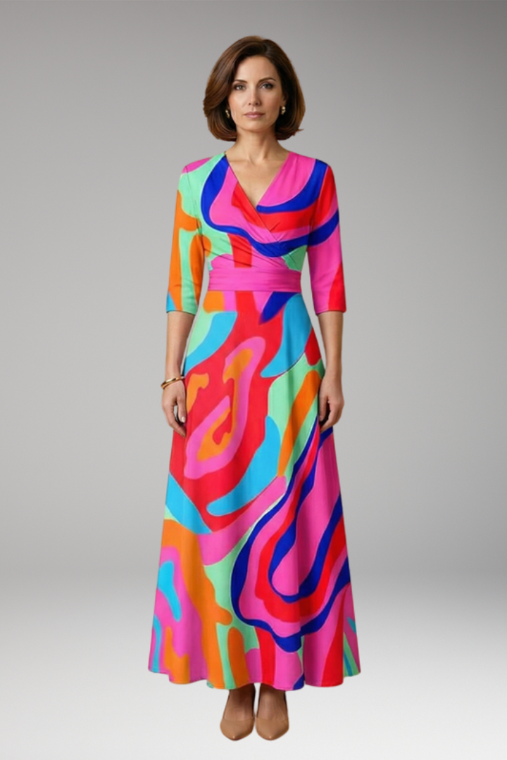 Women's Maxi Dress with V-Neckline and Floral Pattern