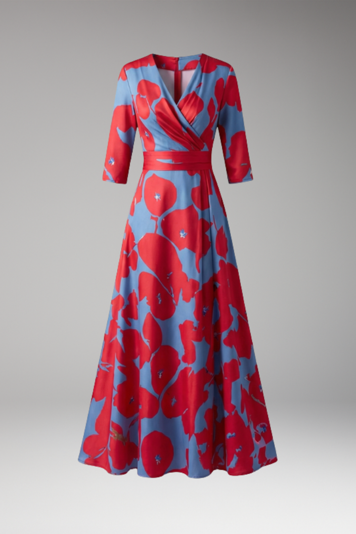 Women's Maxi Dress with V-Neckline and Floral Pattern