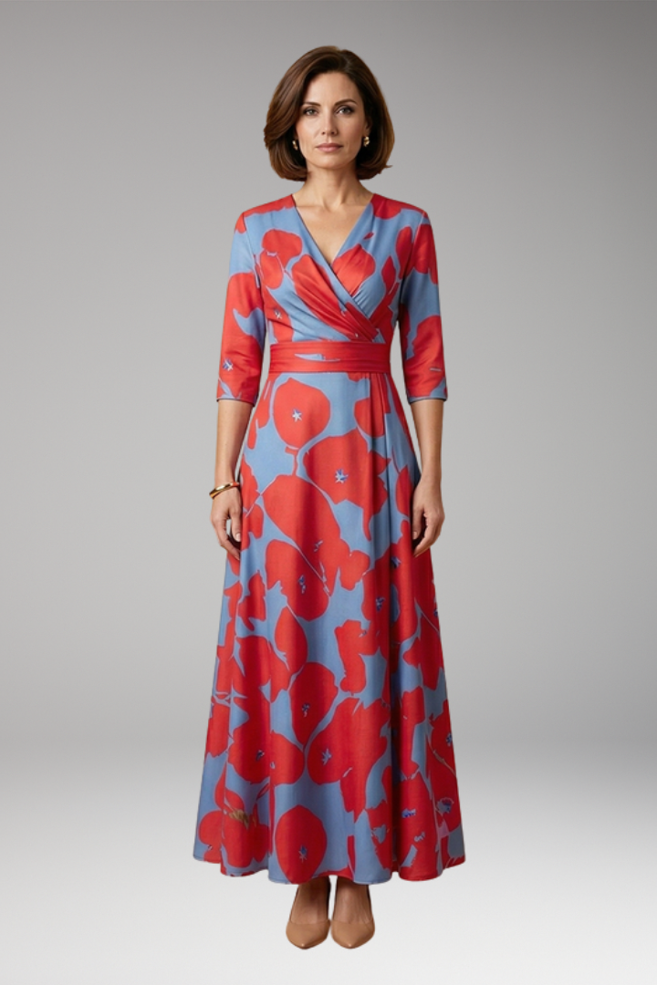 Women's Maxi Dress with V-Neckline and Floral Pattern
