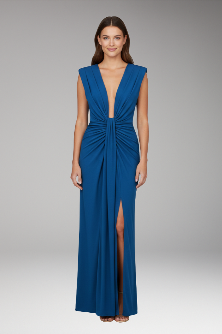 Women's Maxi Dress with V Neck and Front Pleats