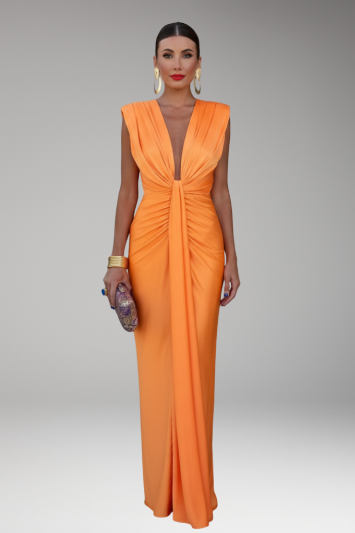 Women's Maxi Dress with V Neck and Front Pleats