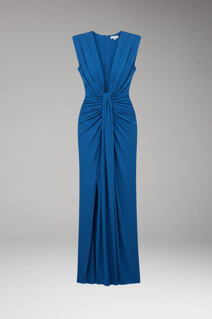 Women's Maxi Dress with V Neck and Front Pleats