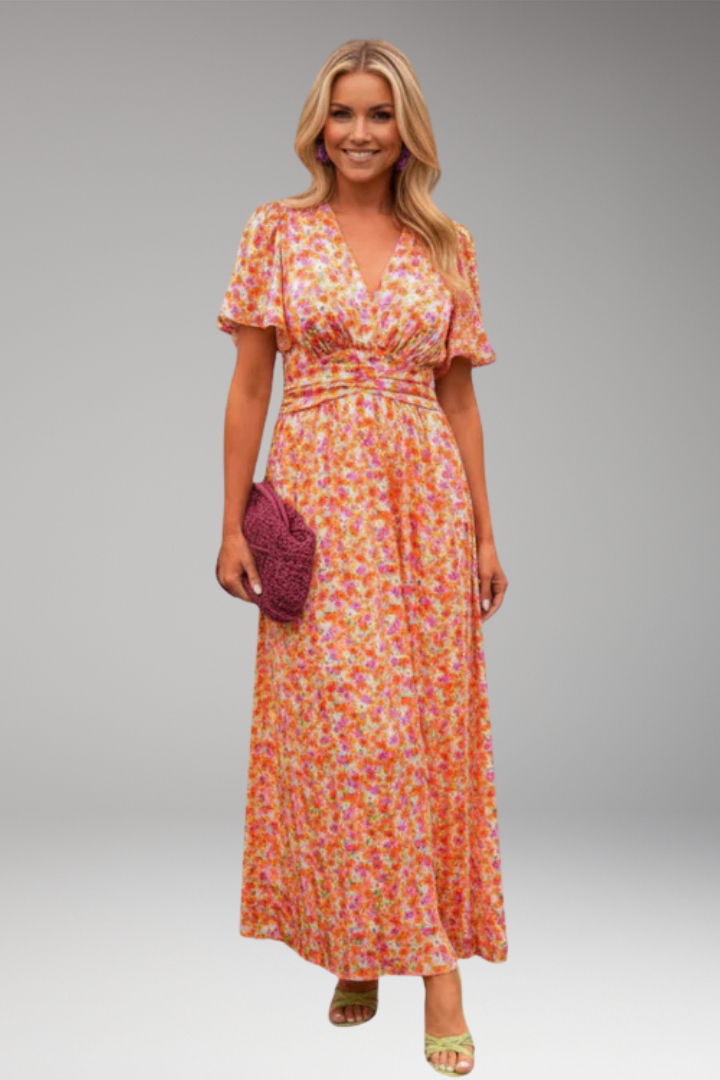 Women's Maxi Dress with V Neck and Gathered Waist
