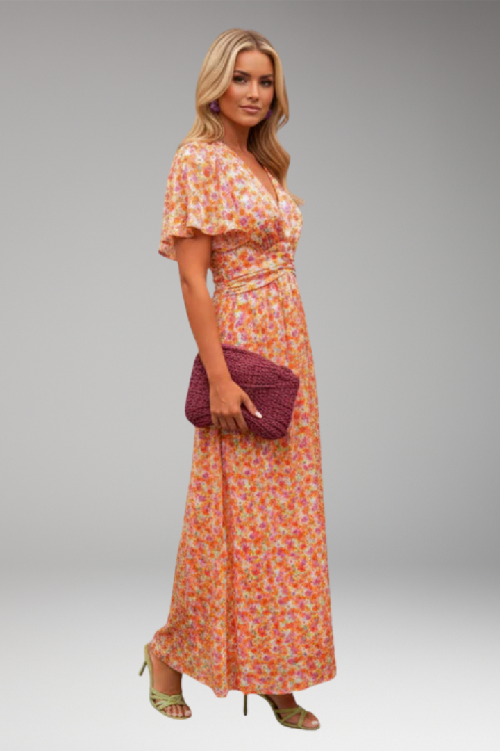Women's Maxi Dress with V Neck and Gathered Waist