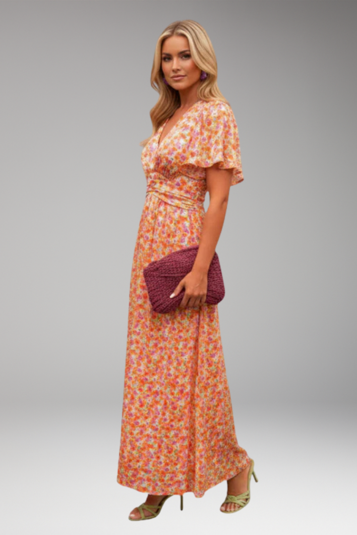 Women's Maxi Dress with V Neck and Gathered Waist