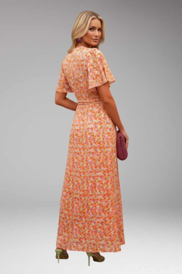 Women's Maxi Dress with V Neck and Gathered Waist