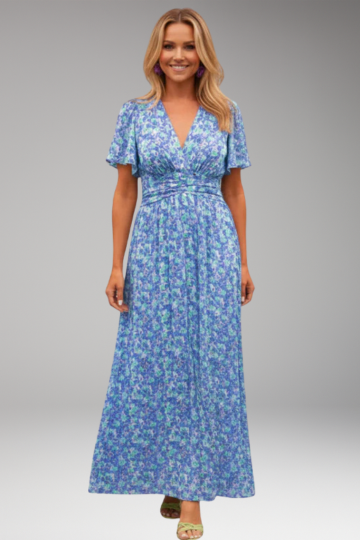 Women's Maxi Dress with V Neck and Gathered Waist