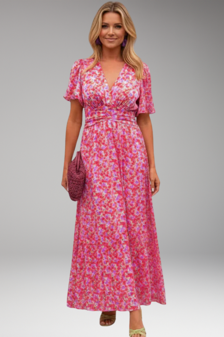 Women's Maxi Dress with V Neck and Gathered Waist