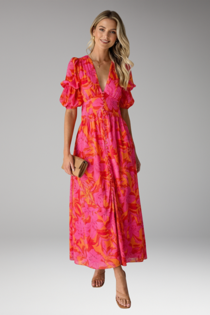 Women's Maxi Dress with V Neck and Puff Sleeves