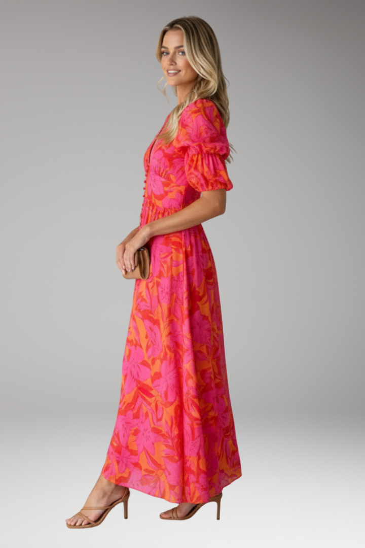 Women's Maxi Dress with V Neck and Puff Sleeves