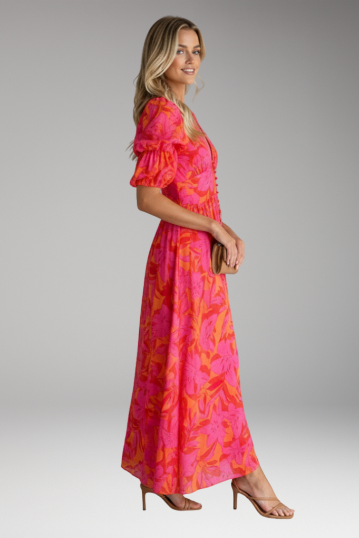 Women's Maxi Dress with V Neck and Puff Sleeves