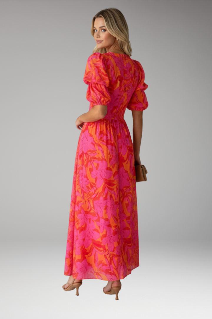Women's Maxi Dress with V Neck and Puff Sleeves