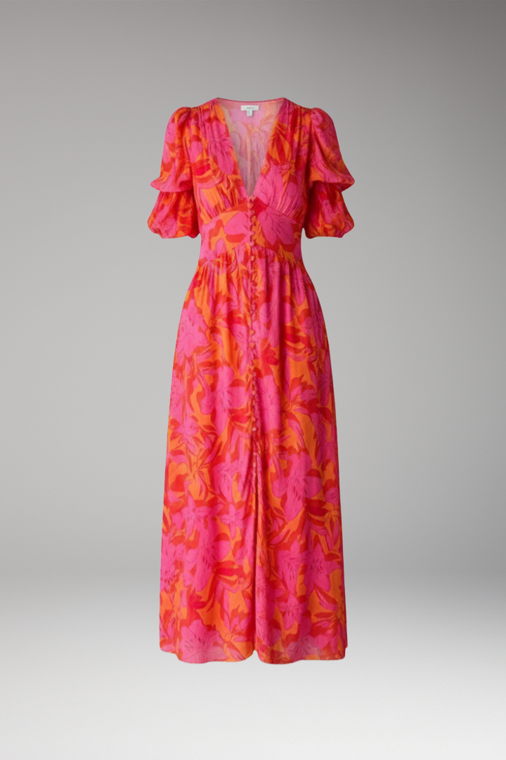 Women's Maxi Dress with V Neck and Puff Sleeves