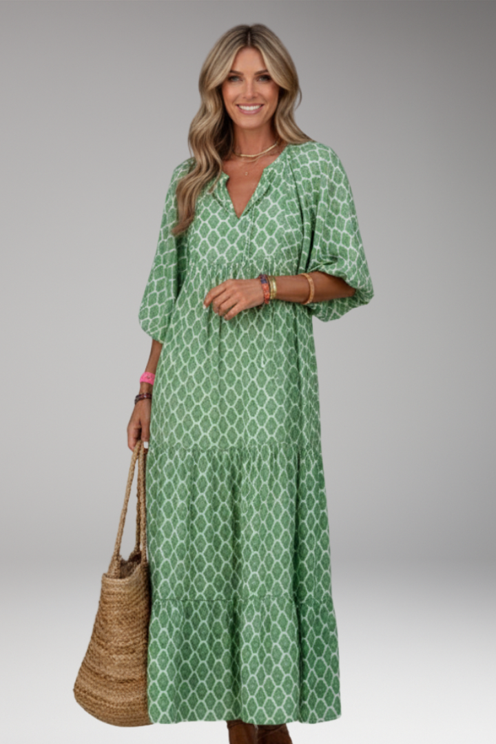 Women's Maxi Dress with V Neck and Short Wide Sleeves