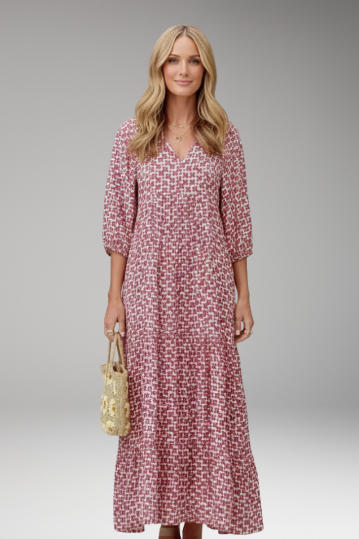 Women's Maxi Dress with V Neck and Short Wide Sleeves