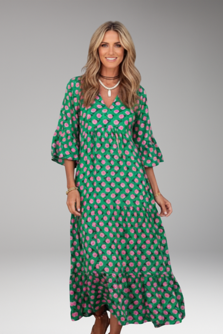 Women's Maxi Dress with V Neck and Short Wide Sleeves