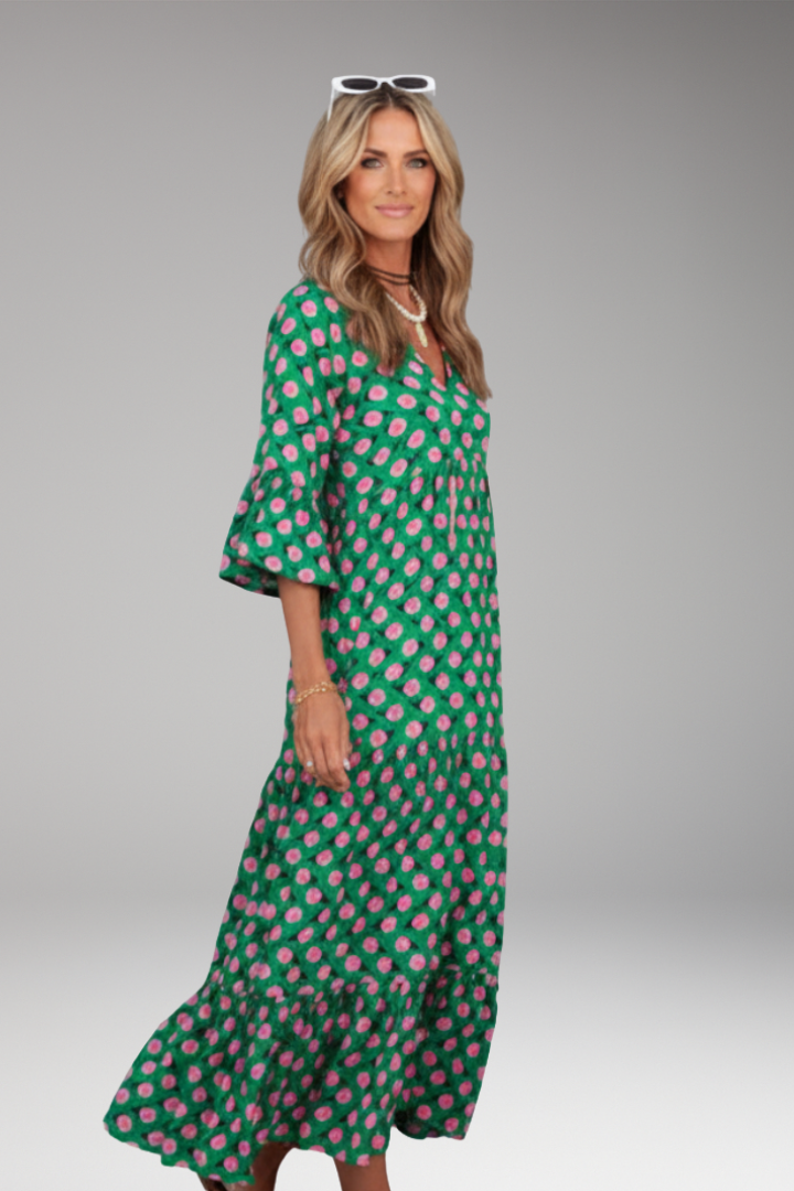Women's Maxi Dress with V Neck and Short Wide Sleeves