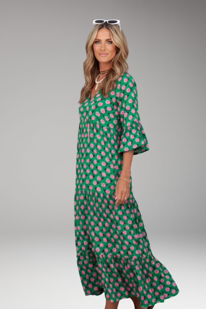 Women's Maxi Dress with V Neck and Short Wide Sleeves