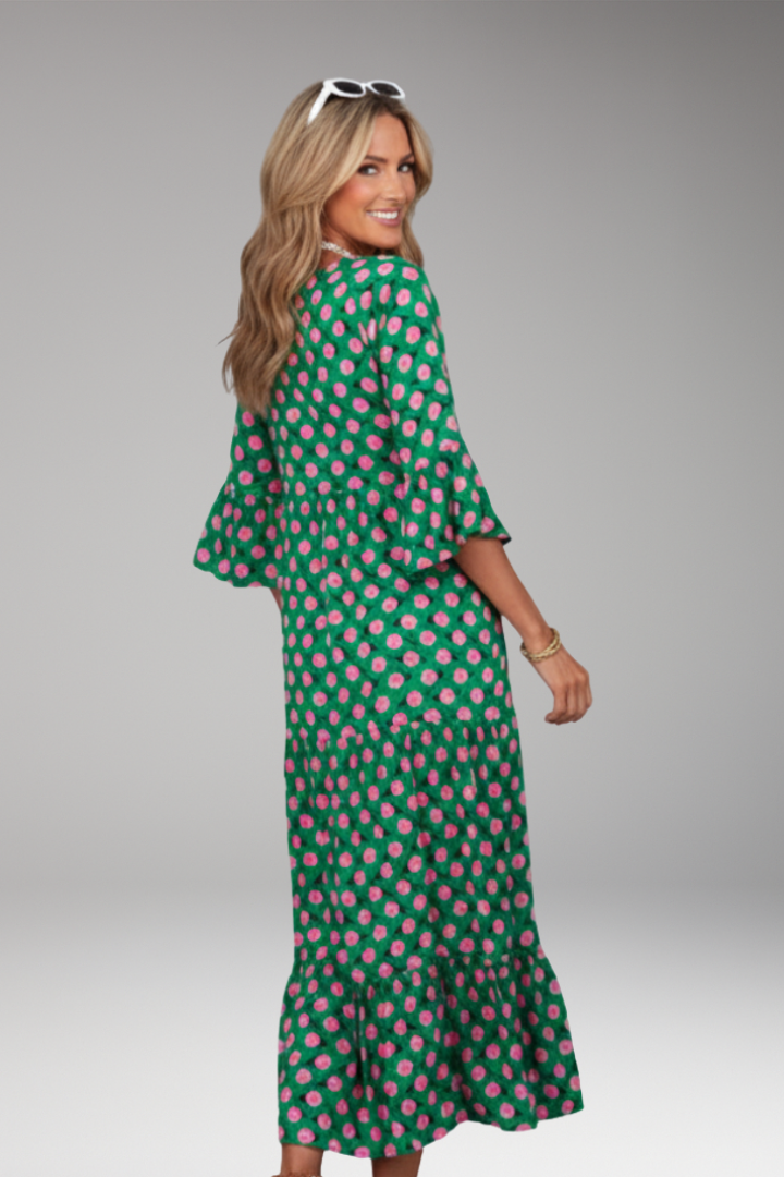 Women's Maxi Dress with V Neck and Short Wide Sleeves