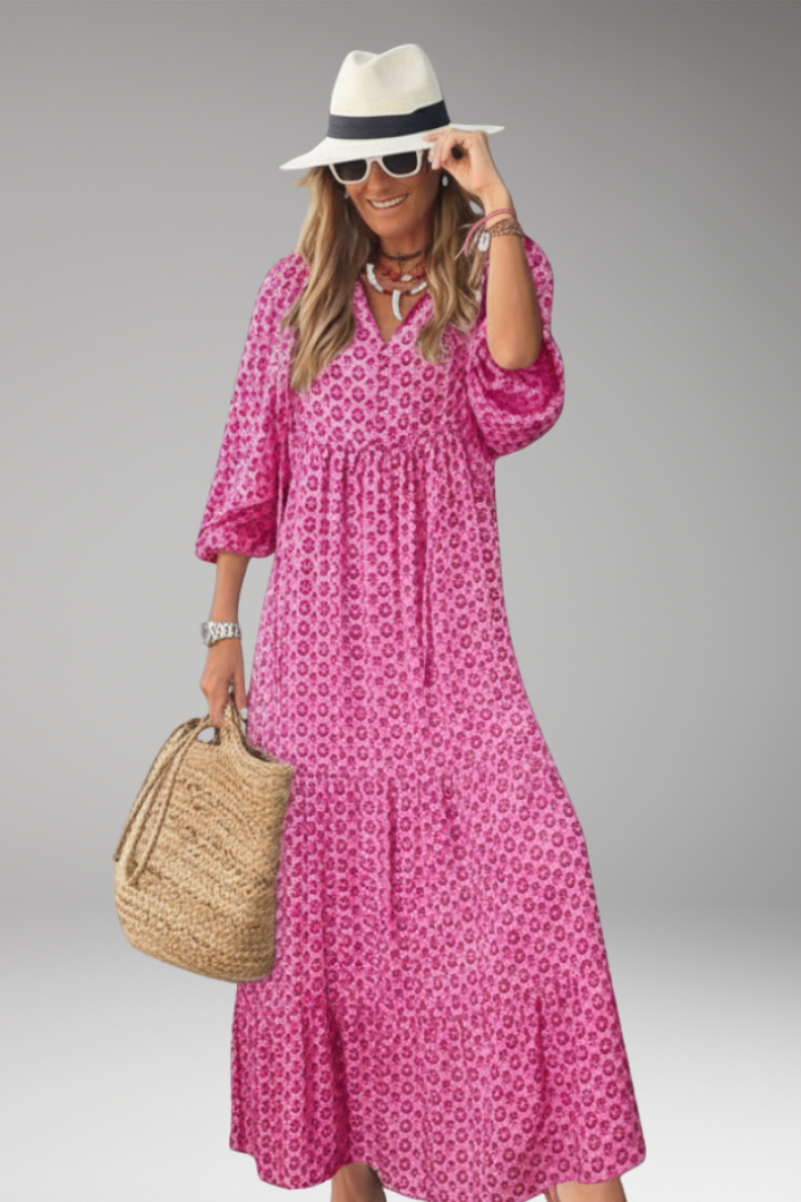 Women's Maxi Dress with V Neck and Short Wide Sleeves