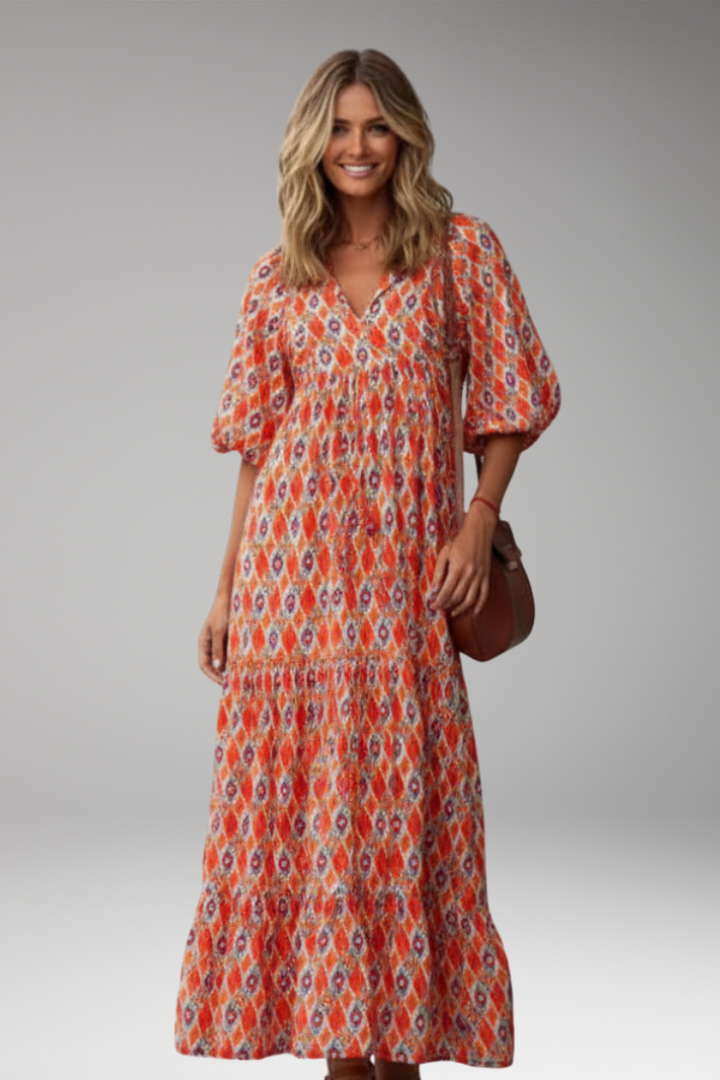 Women's Maxi Dress with V Neck and Short Wide Sleeves