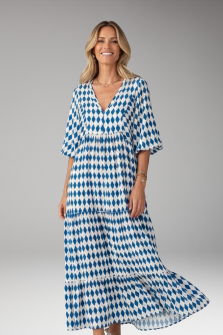 Women's Maxi Dress with V Neck and Short Wide Sleeves