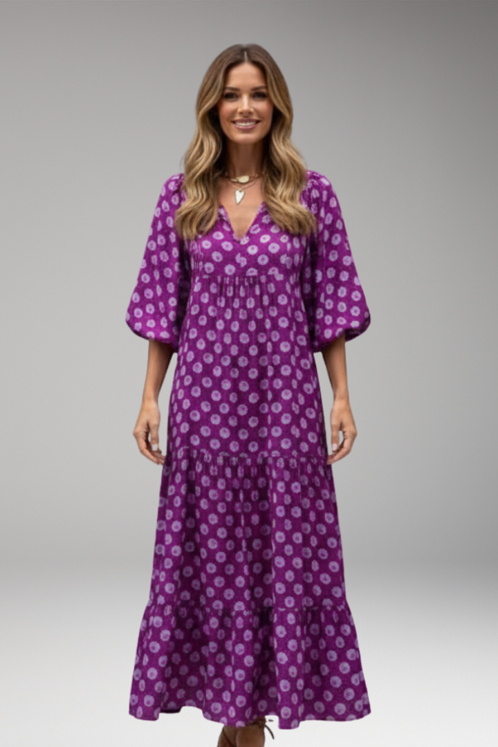 Women's Maxi Dress with V Neck and Short Wide Sleeves