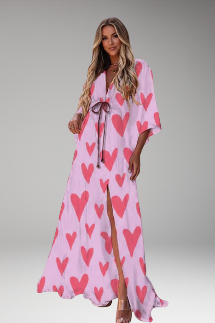 Women's Maxi Dress with V Neck and Waist Tie