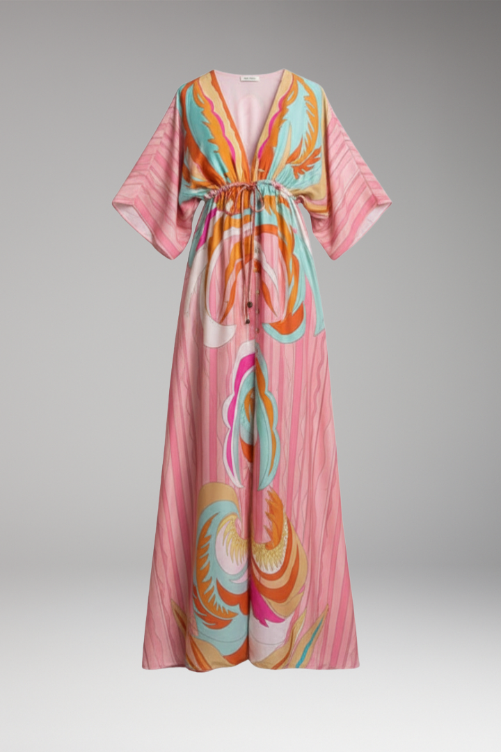 Women's Maxi Dress with V Neck and Waist Tie