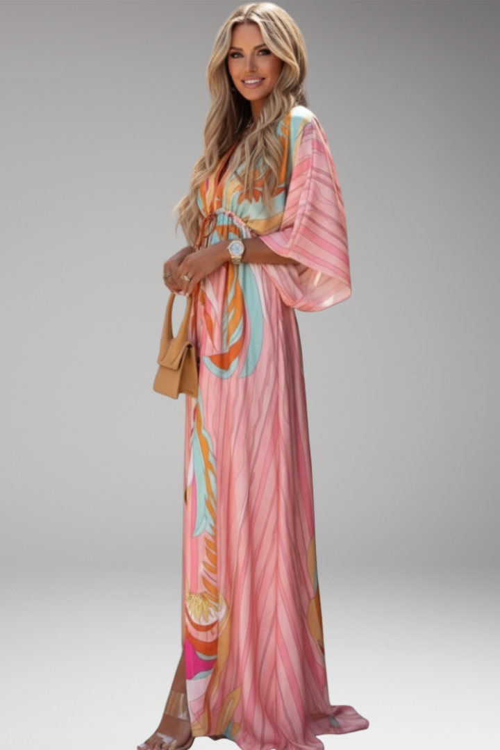 Women's Maxi Dress with V Neck and Waist Tie