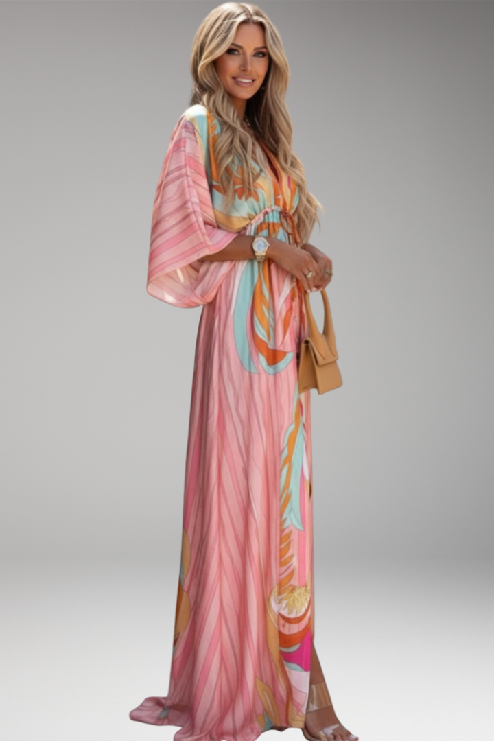Women's Maxi Dress with V Neck and Waist Tie