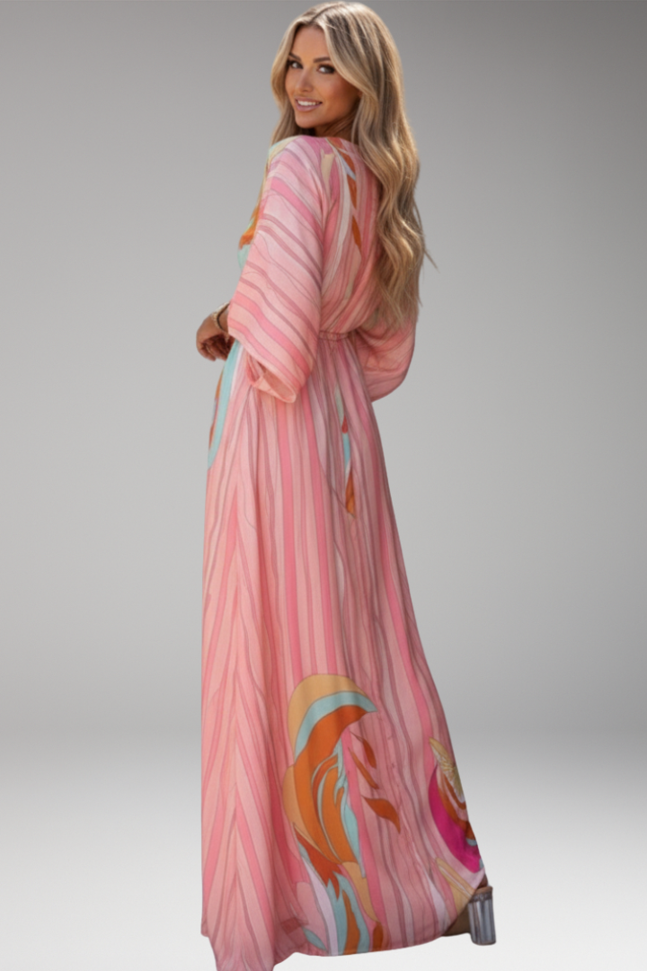 Women's Maxi Dress with V Neck and Waist Tie