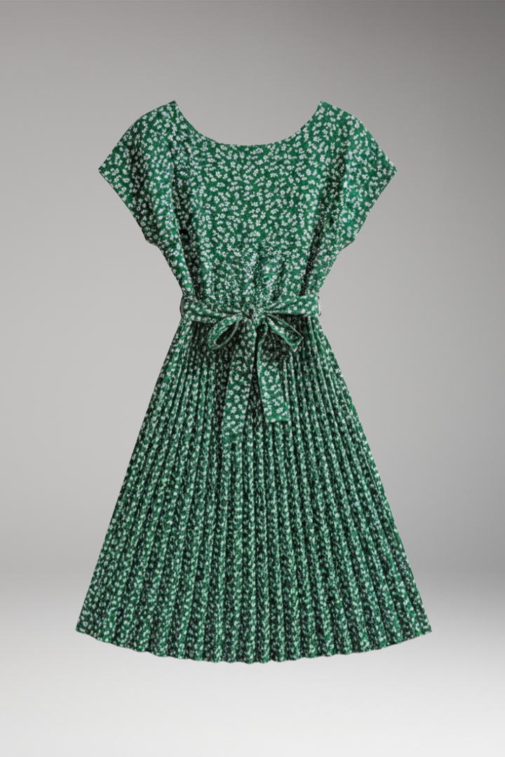 Women's Midi Dress with Belt and Pleated Skirt