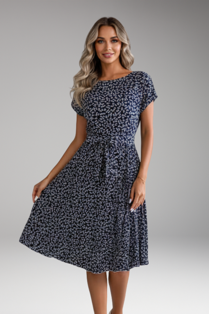 Women's Midi Dress with Belt and Pleated Skirt