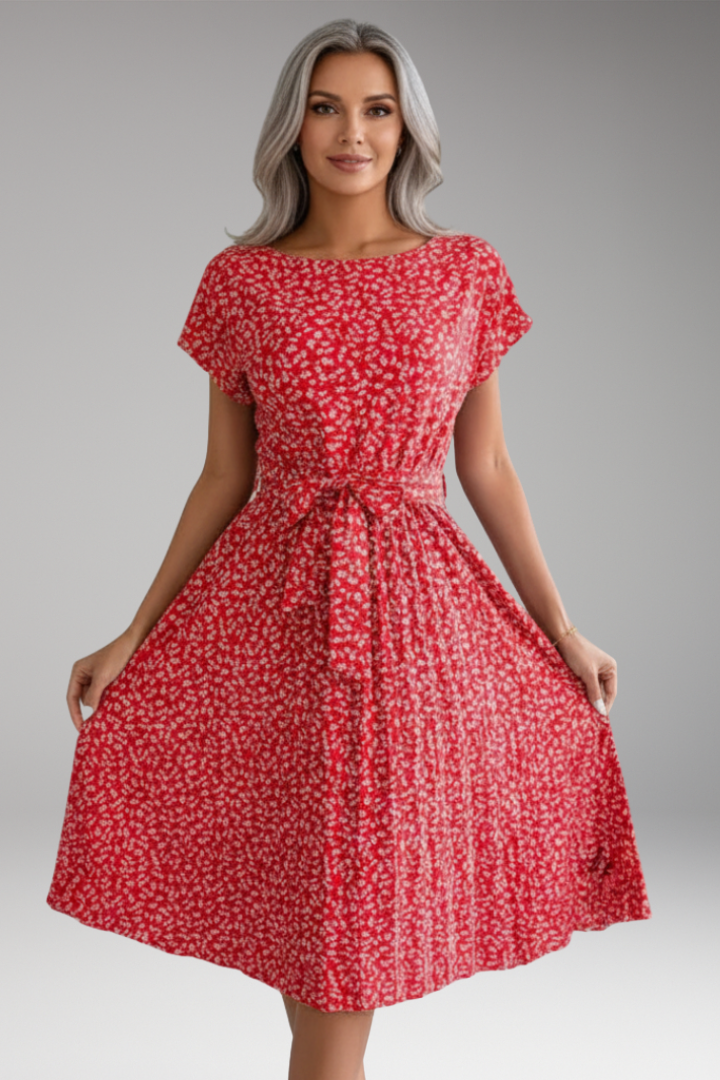 Women's Midi Dress with Belt and Pleated Skirt