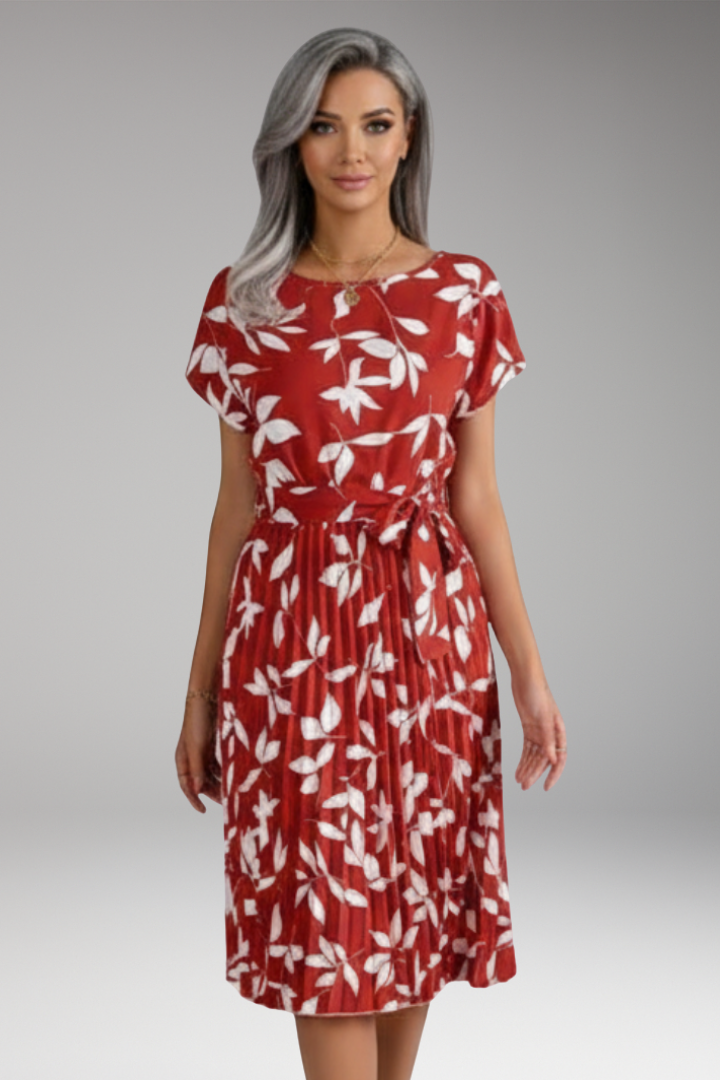 Women's Midi Dress with Belt and Pleated Skirt
