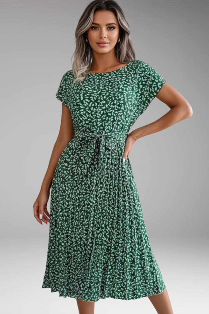 Women's Midi Dress with Belt and Pleated Skirt