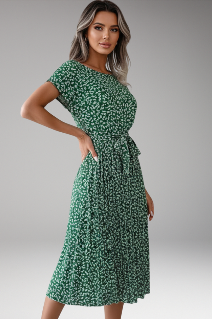 Women's Midi Dress with Belt and Pleated Skirt
