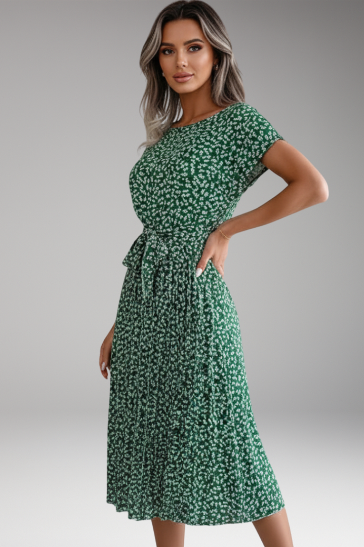 Women's Midi Dress with Belt and Pleated Skirt
