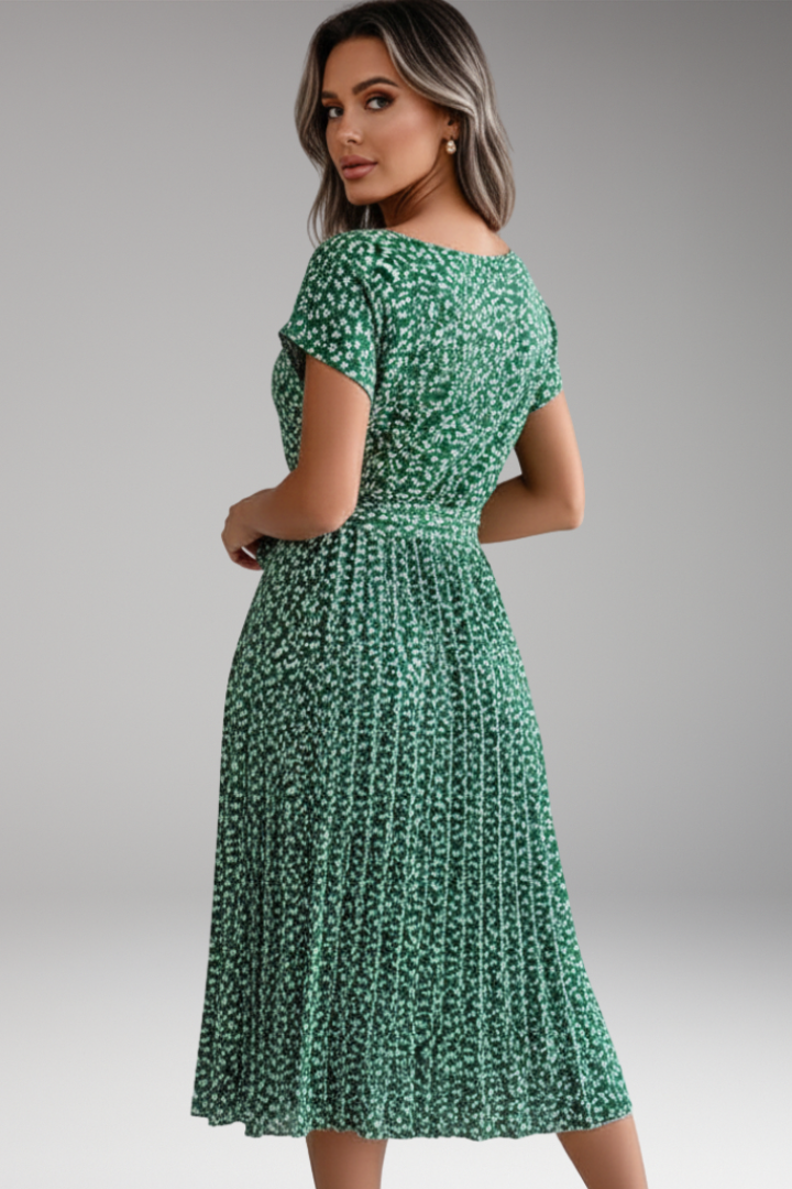 Women's Midi Dress with Belt and Pleated Skirt