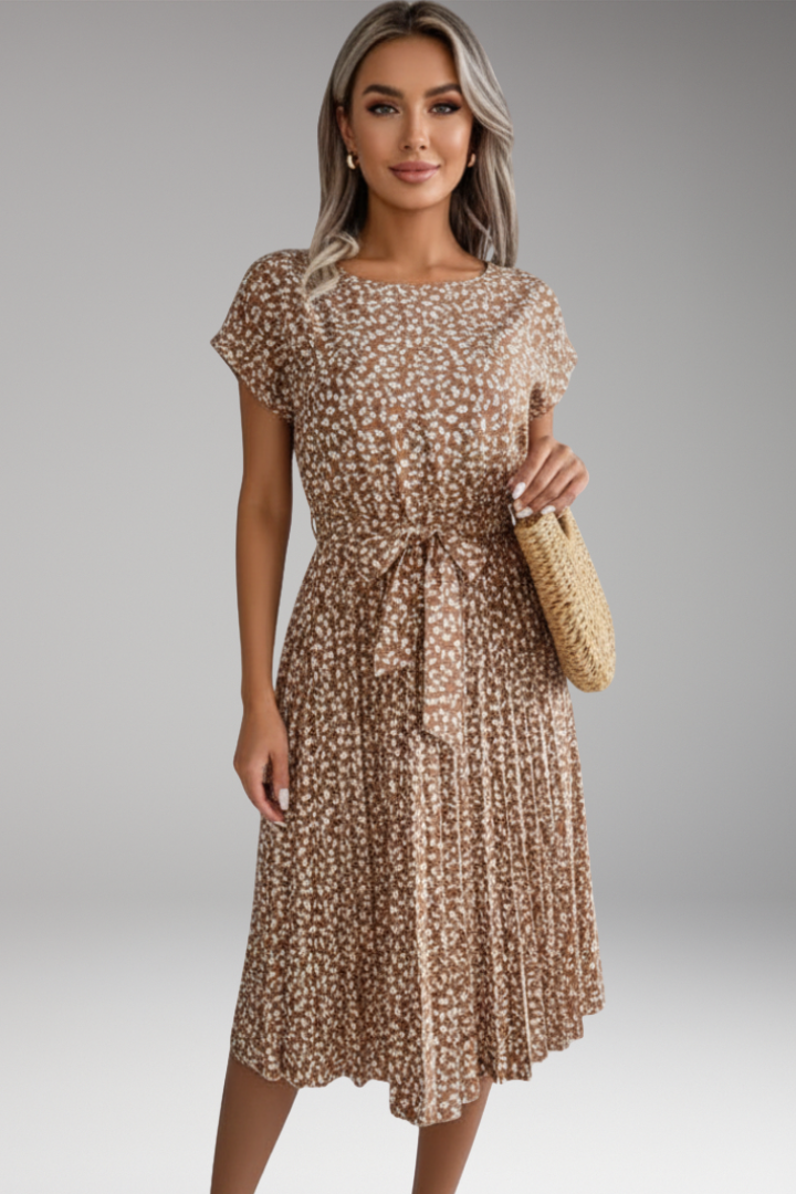 Women's Midi Dress with Belt and Pleated Skirt