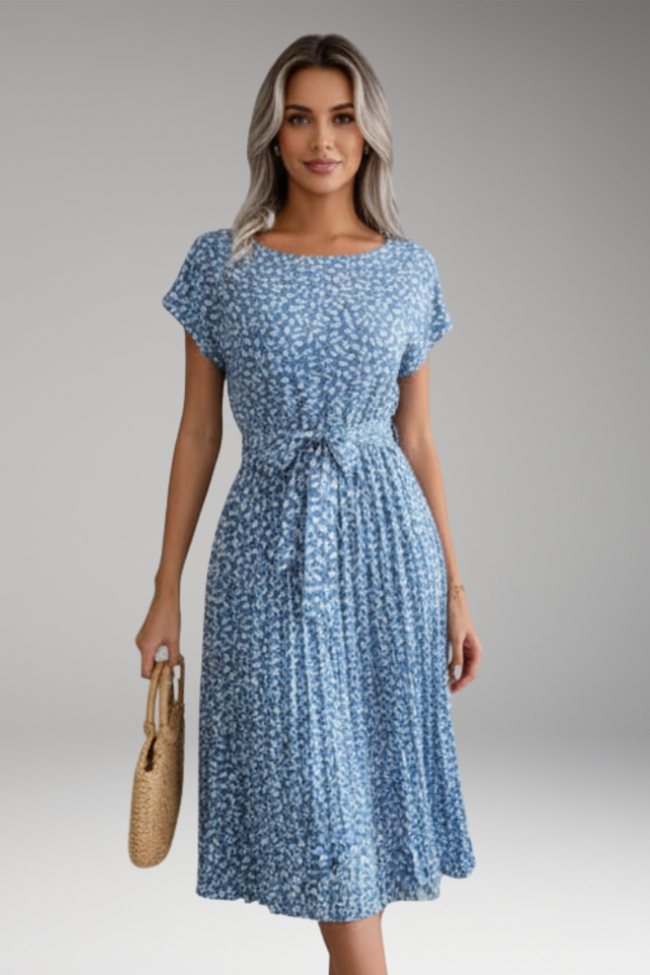 Women's Midi Dress with Belt and Pleated Skirt