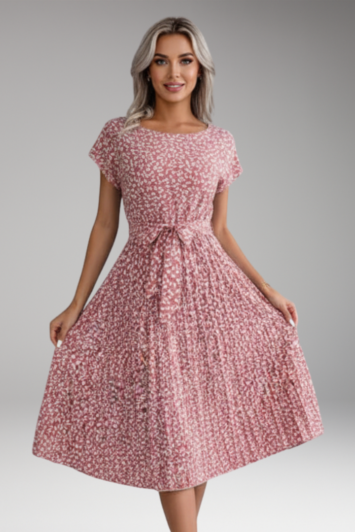 Women's Midi Dress with Belt and Pleated Skirt