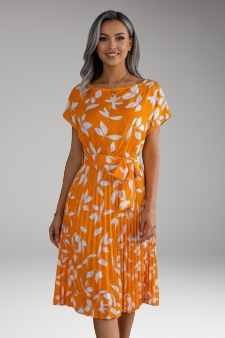 Women's Midi Dress with Belt and Pleated Skirt