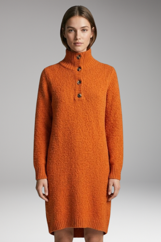 Women's Midi Dress with Button Collar and Straight Cut