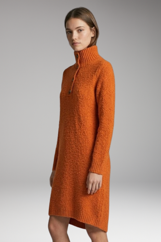 Women's Midi Dress with Button Collar and Straight Cut